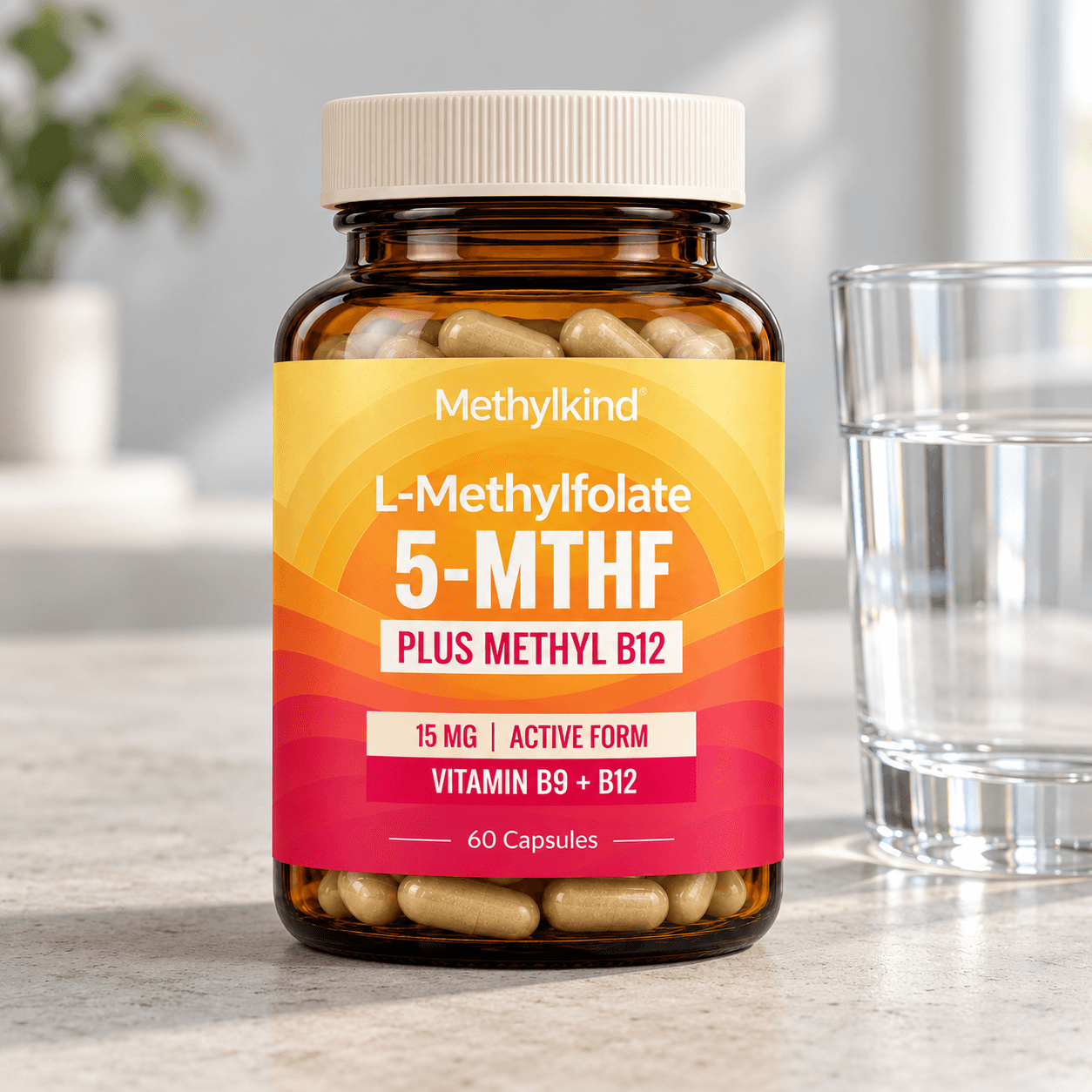 Methylkind L-methylfolate and methyl B12 bottle beside water in soft daylight